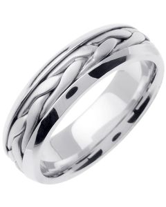 All White Braided Handmade Beveled Comfort Wedding Ring (7mm) 